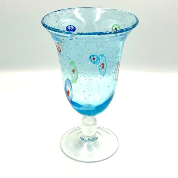 Millefiori Goblet. Bubble Glass Blue 12 oz. Artsy Whimsical - Picture 1 of 5